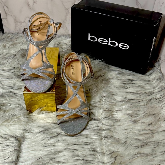 NEW BEBE Metallic Size 8 Silver Strappy Stiletto Heels - Picture 5 of 6